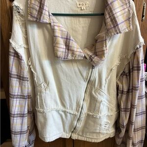POL Women's Cream Jacket with Purple Plaid Sleeves